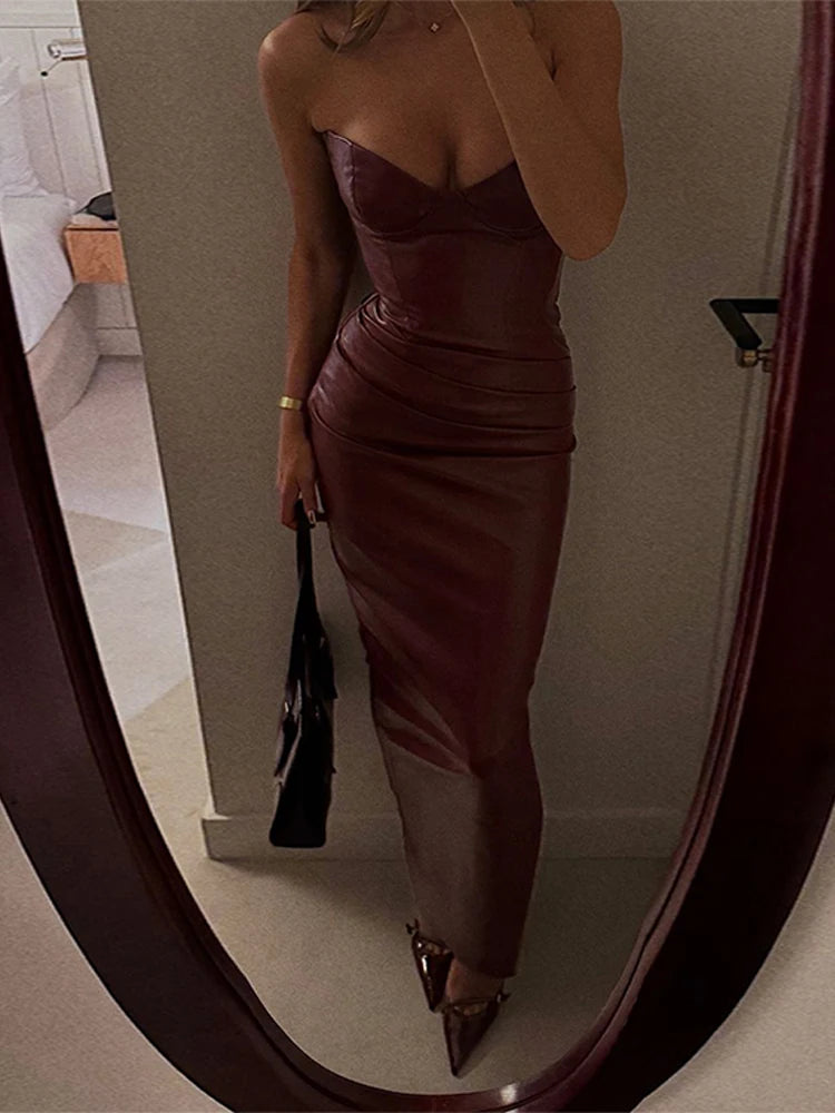 Backless PU Leather Maxi Dresses Women Sexy Burgundy Strapless Bandage Sleeveless Pleated Hip Package Dress Party New Lady Robe