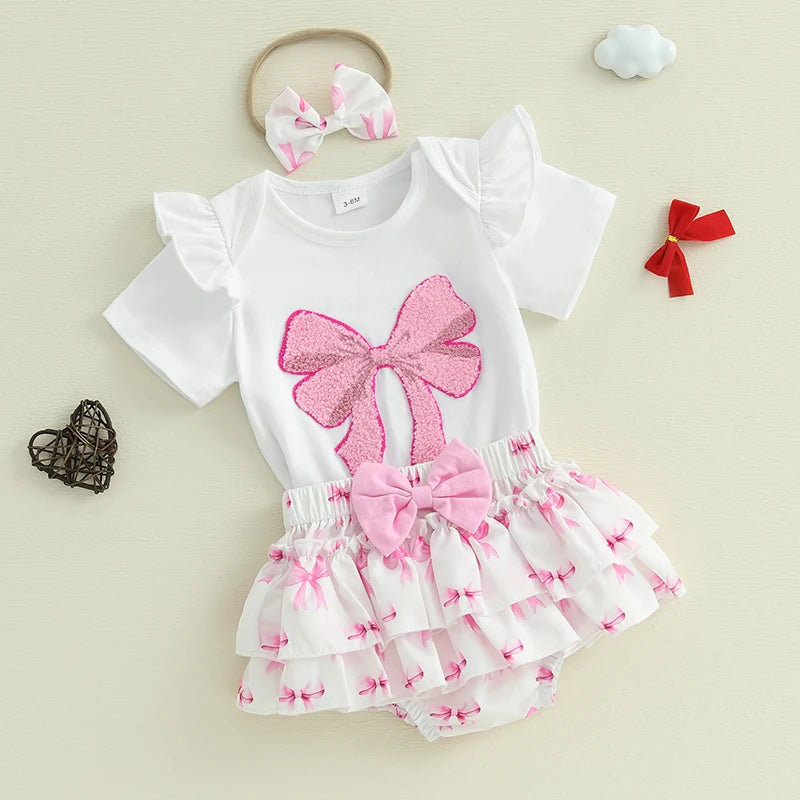 Adorable Baby Girls 3-Piece Summer Set with Short Sleeve Romper Embroidered Bow Detail Shorts and Matching Headband - Cute