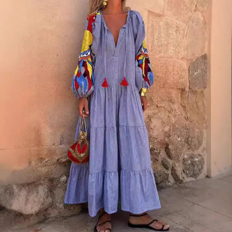 2024 Autumn Fashion New Women's Loose Long Sleeve Striped Splicing V-neck Lantern Sleeve Printed Loose Long Dress