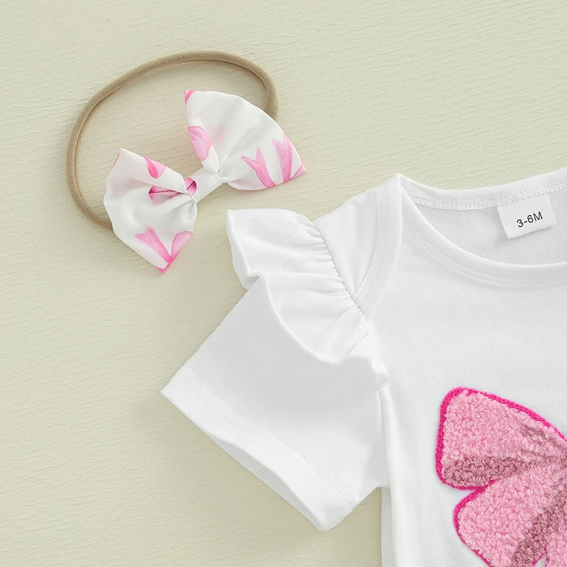 Adorable Baby Girls 3-Piece Summer Set with Short Sleeve Romper Embroidered Bow Detail Shorts and Matching Headband - Cute