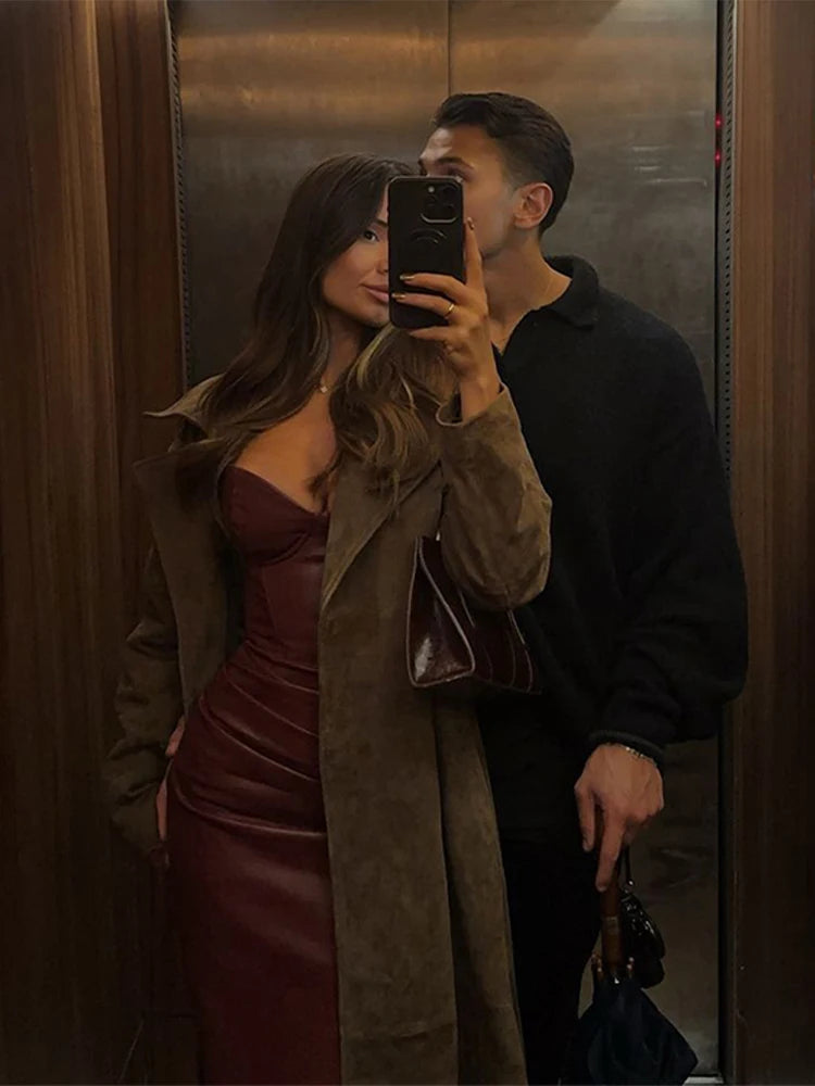 Backless PU Leather Maxi Dresses Women Sexy Burgundy Strapless Bandage Sleeveless Pleated Hip Package Dress Party New Lady Robe