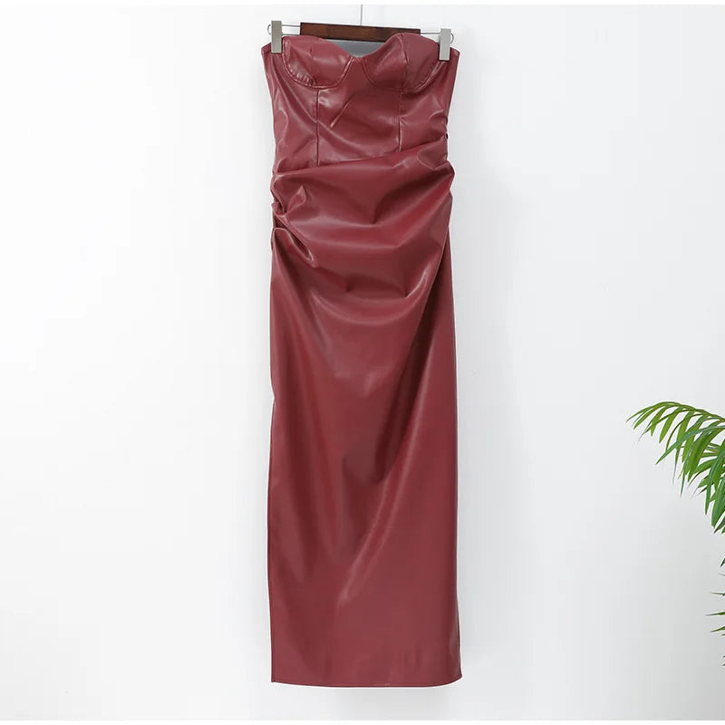Sexy Pu Leather Dress Backless Bandage Women Slim Wrinkles Design Split High Waist Strapless Dresses Lady Evening Party Robe
