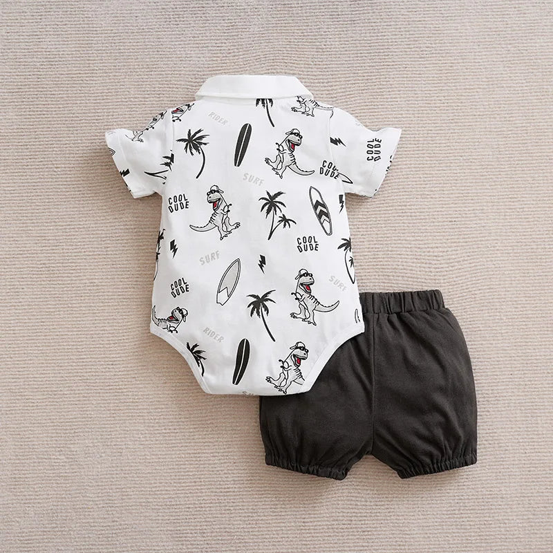 Baby Boy Girl Newborn Casual Contrasting Cute Dinosaur Print Comfortable Cotton Short Sleeved Toddler Summer Set
