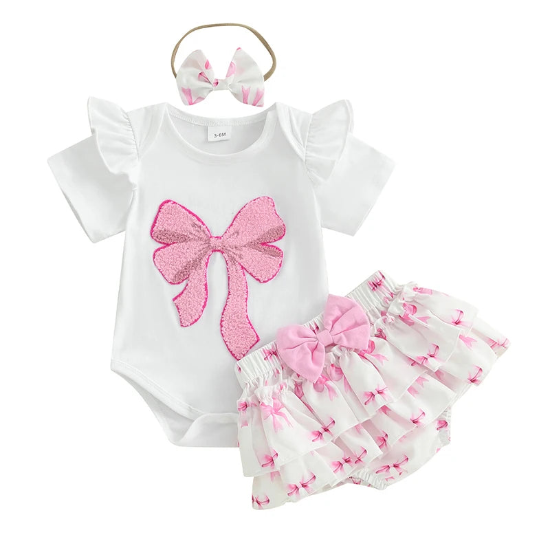 Adorable Baby Girls 3-Piece Summer Set with Short Sleeve Romper Embroidered Bow Detail Shorts and Matching Headband - Cute