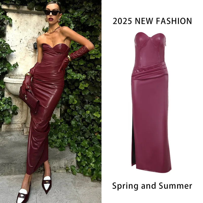Sexy Pu Leather Dress Backless Bandage Women Slim Wrinkles Design Split High Waist Strapless Dresses Lady Evening Party Robe