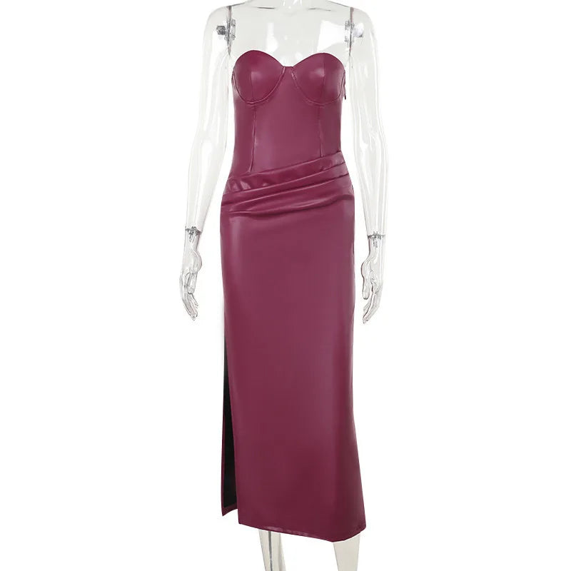 Backless PU Leather Maxi Dresses Women Sexy Burgundy Strapless Bandage Sleeveless Pleated Hip Package Dress Party New Lady Robe