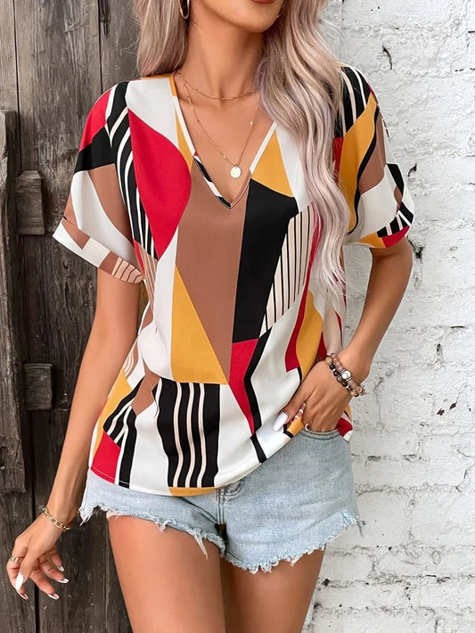 V-neck printed short sleeved shirt with women's geometric pattern contrasting color