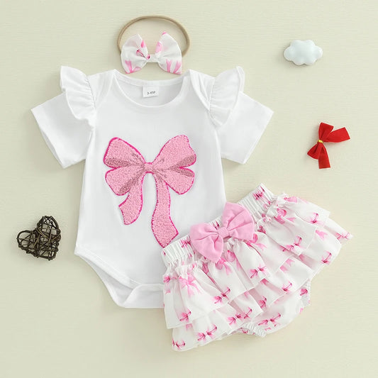 Adorable Baby Girls 3-Piece Summer Set with Short Sleeve Romper Embroidered Bow Detail Shorts and Matching Headband - Cute