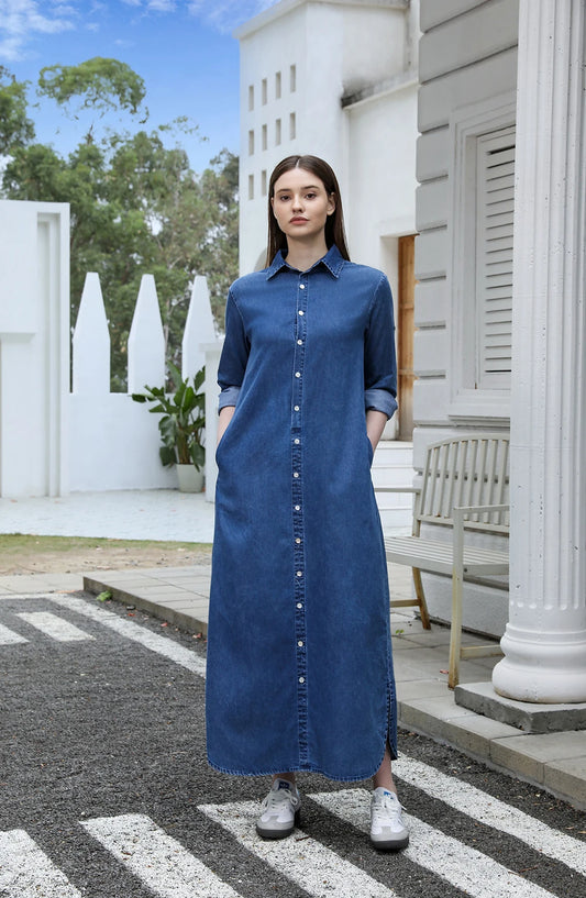 AP SS25 Women Collar Denim Dress Blouse Style Casual Cotton with A Removable Belt