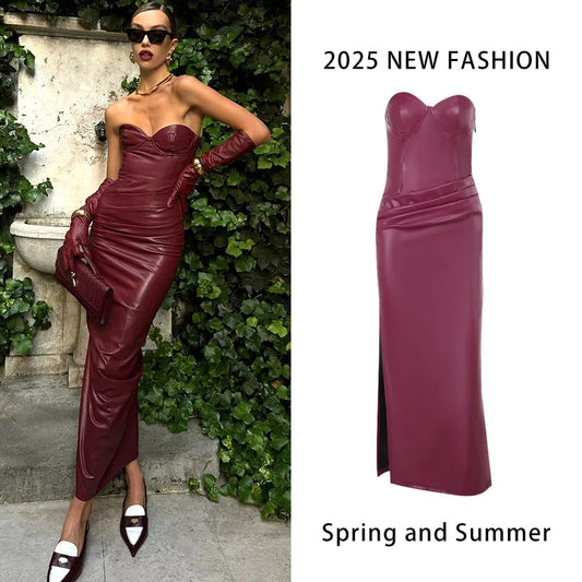 Sexy Pu Leather Dress Backless Bandage Women Slim Wrinkles Design Split High Waist Strapless Dresses Lady Evening Party Robe