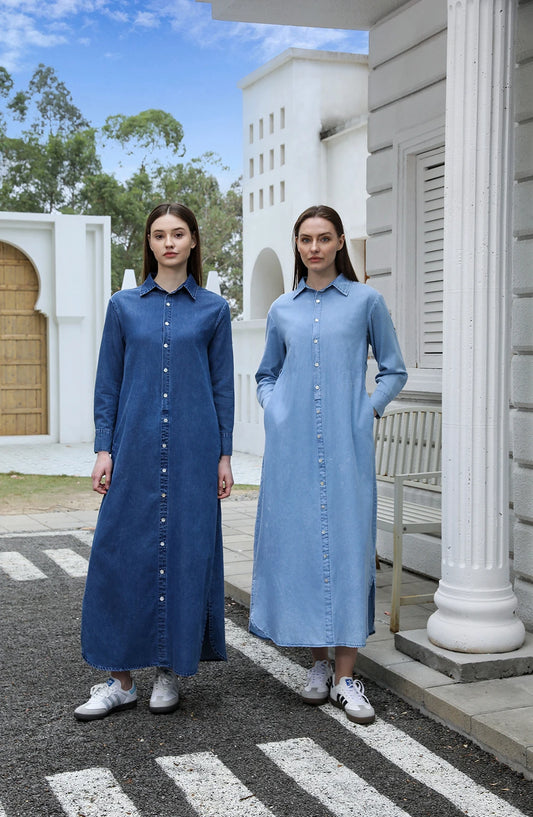 AP SS25 Women Collar Denim Dress Blouse Style Casual Cotton with A Removable Belt