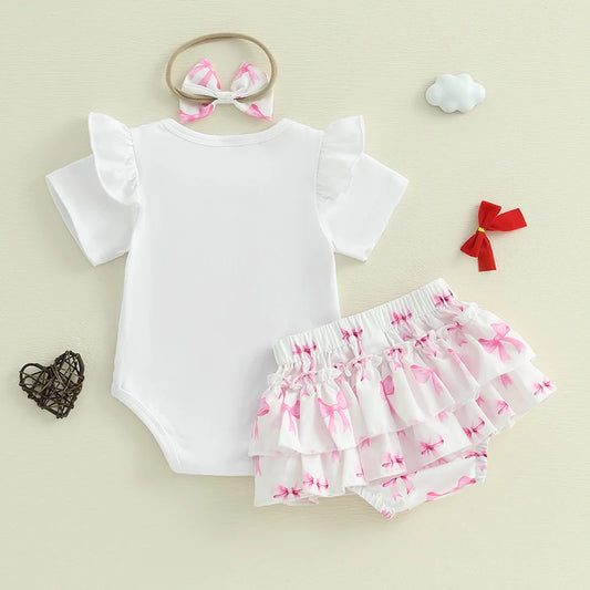 Adorable Baby Girls 3-Piece Summer Set with Short Sleeve Romper Embroidered Bow Detail Shorts and Matching Headband - Cute