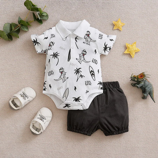 Baby Boy Girl Newborn Casual Contrasting Cute Dinosaur Print Comfortable Cotton Short Sleeved Toddler Summer Set