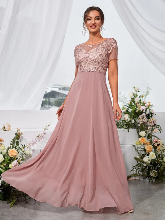 Unithorse Floral Embroidery Chiffon Bridesmaid Dress
